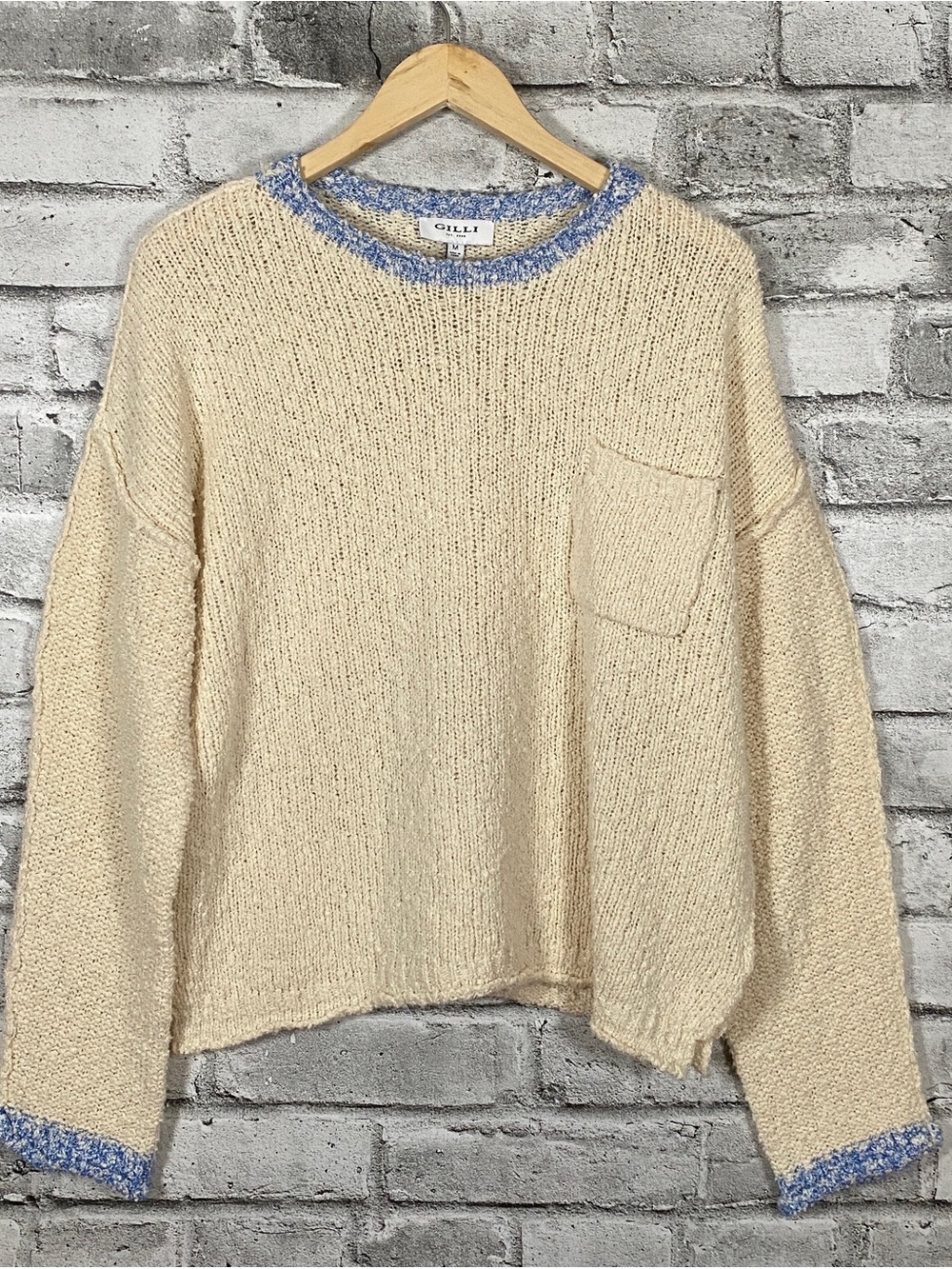 NWT. Gilli Cream Knit Boxy Sweater with Blue Trim